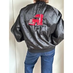 VTG  Retro Sateen Jacket Womens Size XL Mens L Black Red Graohic Trucker Western